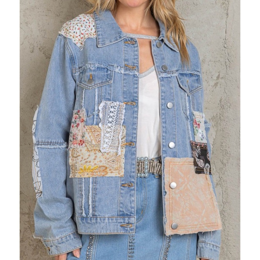 Patchwork Denim and Lace Jacket Distressed Boho Denim Shacket Mixed Floral Lace
